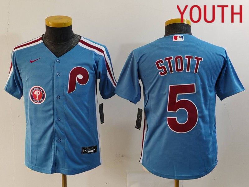 Youth Philadelphia Phillies #5 Stott Blue Throwback 2024 Nike MLB Jersey style 2